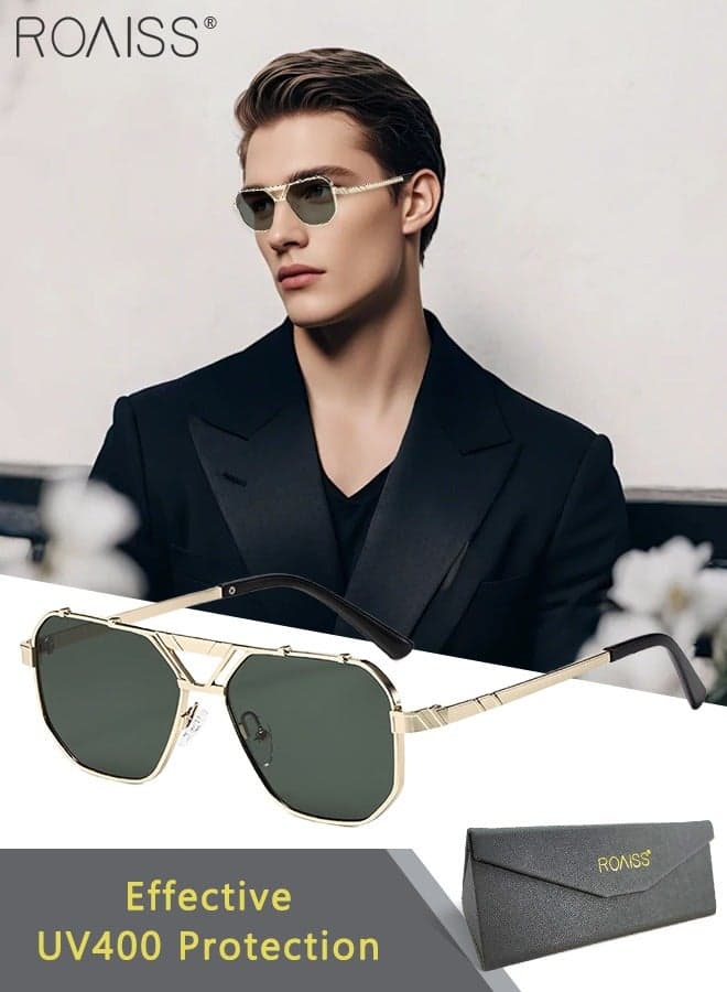 Fashion Double Beam Square Sunglasses for Men, UV400 Protection Metal Frame Sun Glasses, Anti-glare Retro Sun Shades for Driving, Cycling, Golf, Fishing with Glasses Case