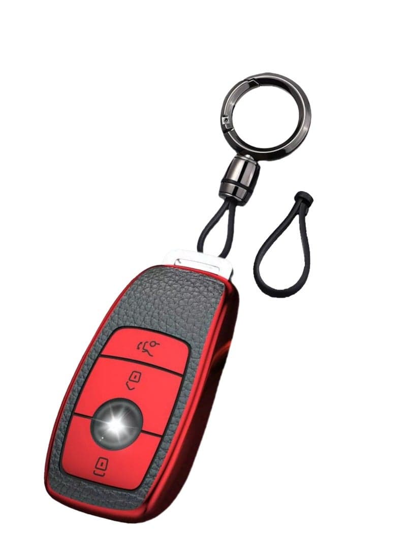 OUYoo Car Key Case Suitable for Mercedes Benz, Key Case Cover for E Class 2017 S Class 2018 TPU Silicone Leather Texture Protective Case,Bring a key chain.(Red)
