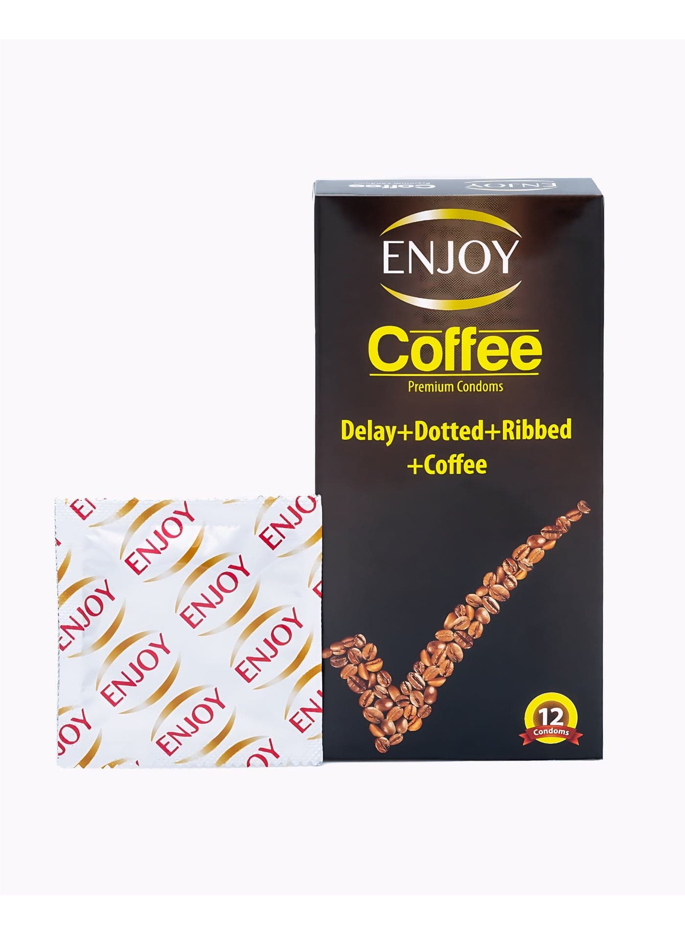 ENJOY Coffee Premium Condoms | Delay + Dotted + Ribbed + Coffee Flavor | Premium Natural Latex | Long-Lasting Pleasure & Extra Sensation | 12 pcs