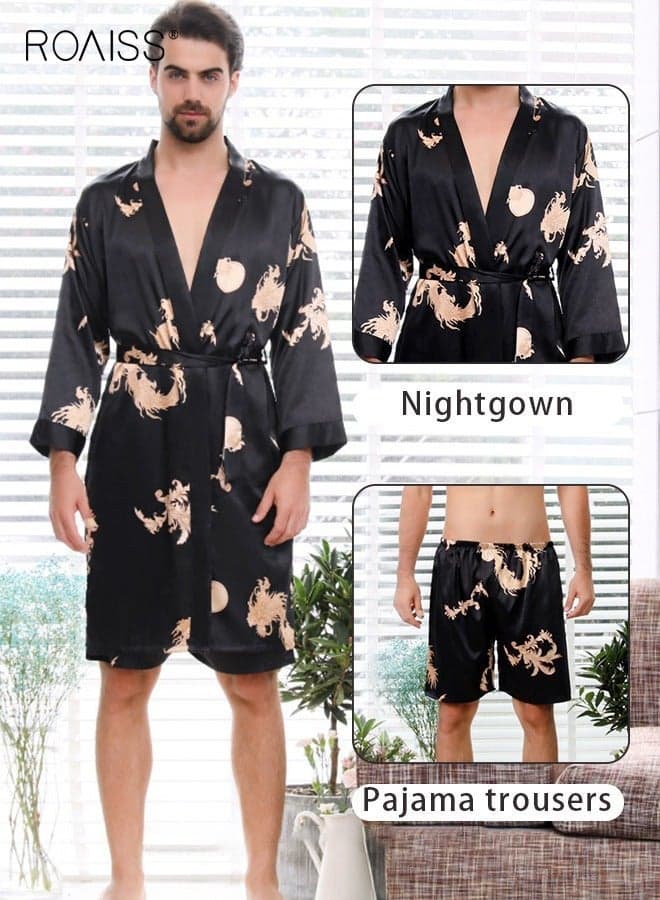 Men 2PCS Pajamas Outfit, Soft Loungewear Set with Satin Robe and Elastic Waist Shorts, Skin-friendly Sleepwear Jammies for Men, Perfect for Sleeping or Lounging Around Your House