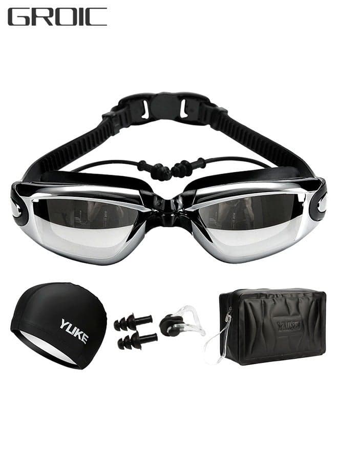 5 Pieces Adjustable Swimming Goggles Sets Anti-Leak, Anti-Fog,with Swimming Cap,Nose Clip Ear Plugs,Waterproof Bag Case , Suitable for Adult Men ,Women ,Teenagers,Beginners, Professionals