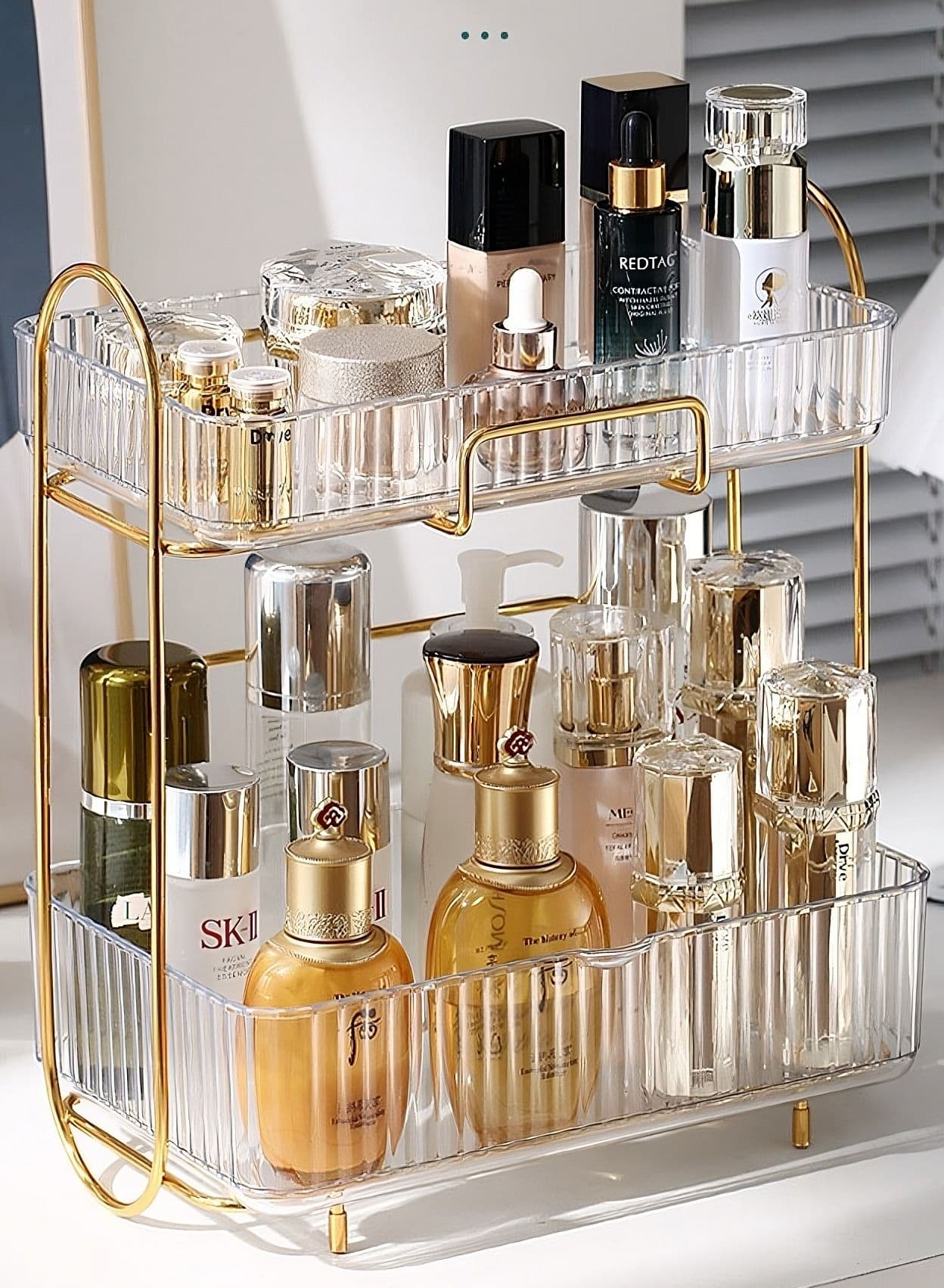 Makeup Organizer Dresser Cosmetic Storage Box PET Metal Bathroom Skin Care Product Double-Layer Rack Desktop Rack Bedroom Storage Organizer Cosmetic Display Cases With Drawer 2 Layer Transparent Amber