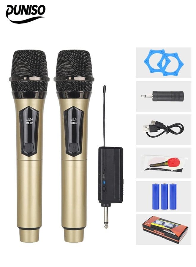 2Pcs Wireless Microphone,1 to 2 Microphones,Hand Microphone,Rechargeable Microphone,Professional Cordless Microphone,Used for Karaoke Nights and Family Gatherings DJ,Meeting,Golden