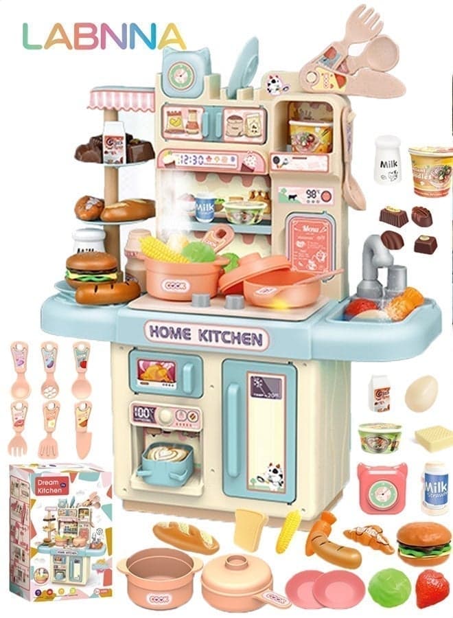 Kids Kitchen Play Set,Interactive Kids Kitchen Play Set with 34 Pcs of Pretend Kitchen Toys,Realistic Spray and Light, Simulated Functionality Suitable for Toddlers Boys Girls, Kids, Children, Blue