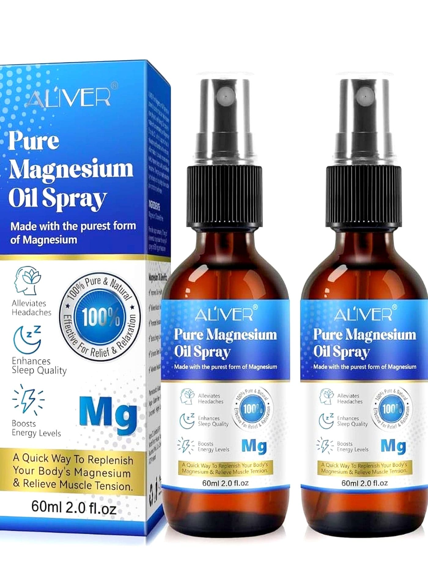 Pure Magnesium Oil ( 2 Pack ) ( 60mlx2 ) Spray,Magnesium Spray for Sleep and Anxiety,100% Pure & Natural,Gluten Free,Magical Topical Magnesium Oil Spray,Non-GMO Magnesium Spray for Feet and Body Muscle Relaxation Oil
