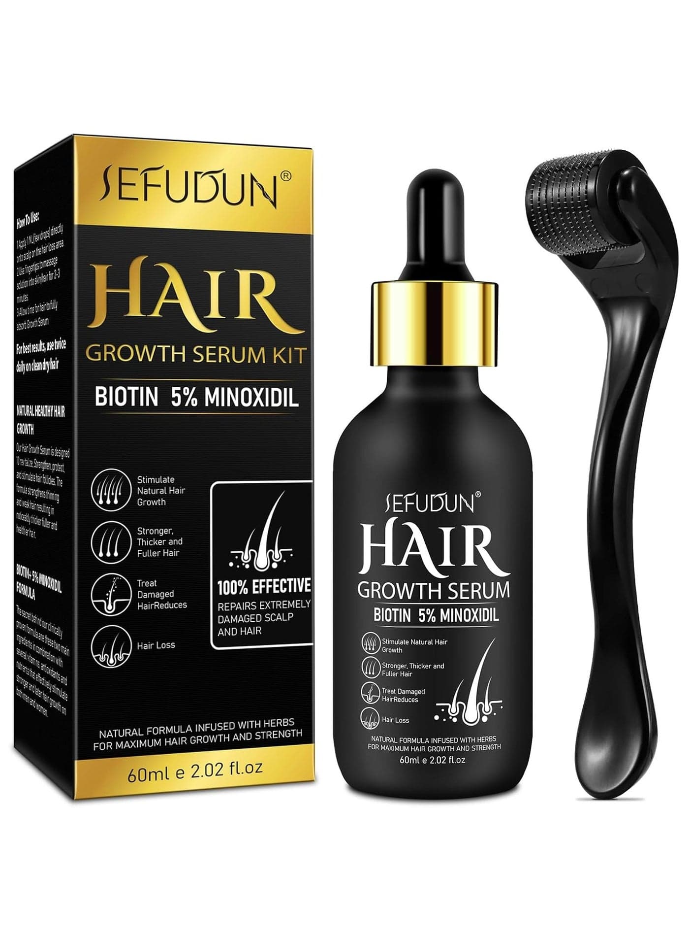 5% Minoxidil Hair Growth Serum Kit With Derma Roller,Minoxidil For Men and Women Hair Beard,2.02 oz Biotin Regrowth Serum Treatment For Getting Thicker Healthier Hair
