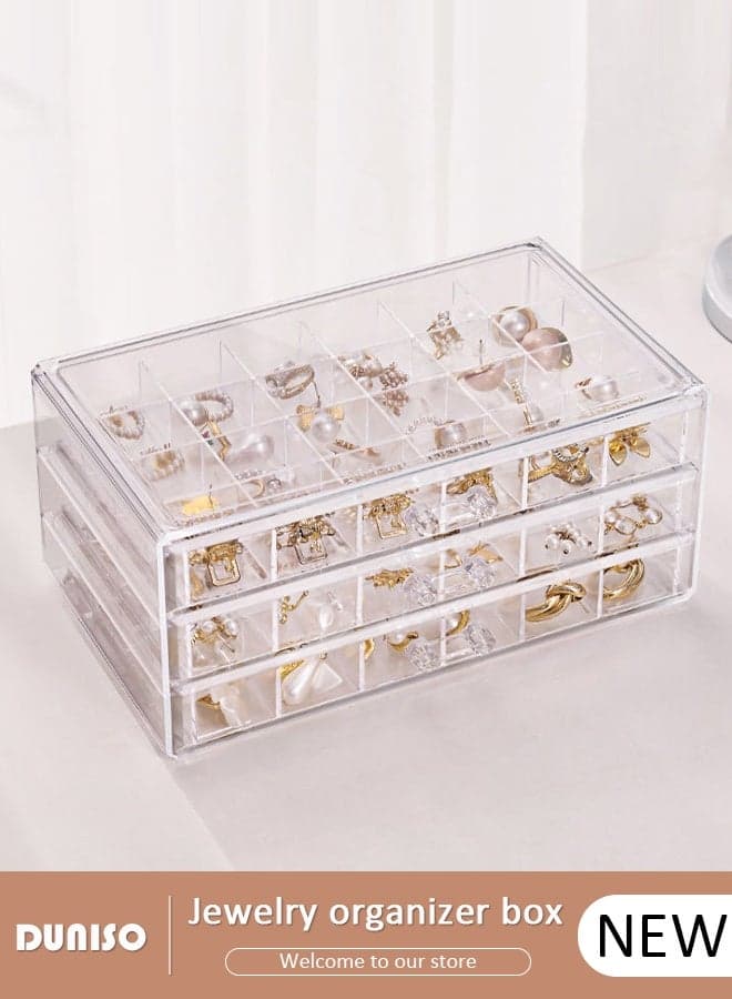 Acrylic Jewelry Organizer Box with 3 Drawers Clear Jewelry Storage Box for Women,Earring Jewelry Organizer Transparent Jewelry Box Display Storage Case for Earrings, Rings, Beads, Necklace