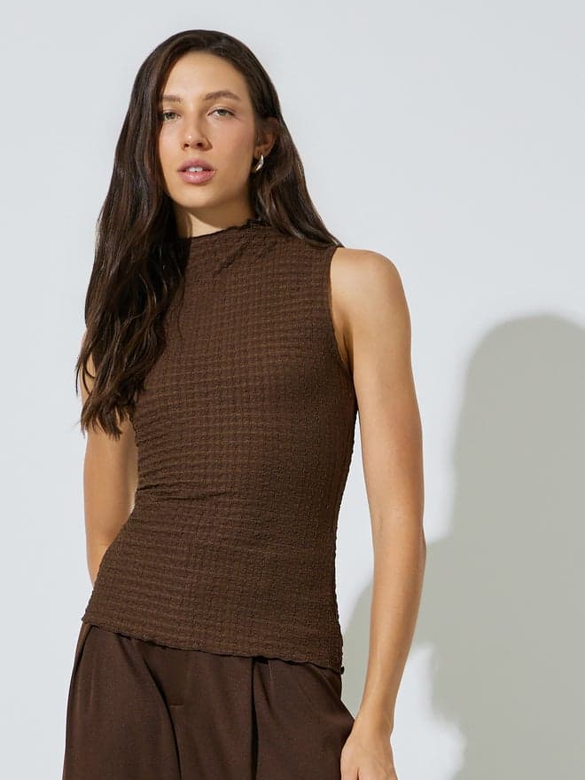 Styli Brown High Neck Textured Knit Top