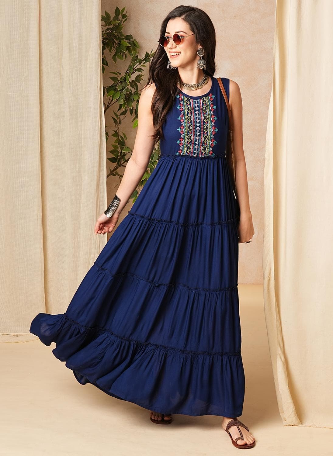 Globus Women's Royal Blue Ethnic Dress with Round Neck and Thread Work