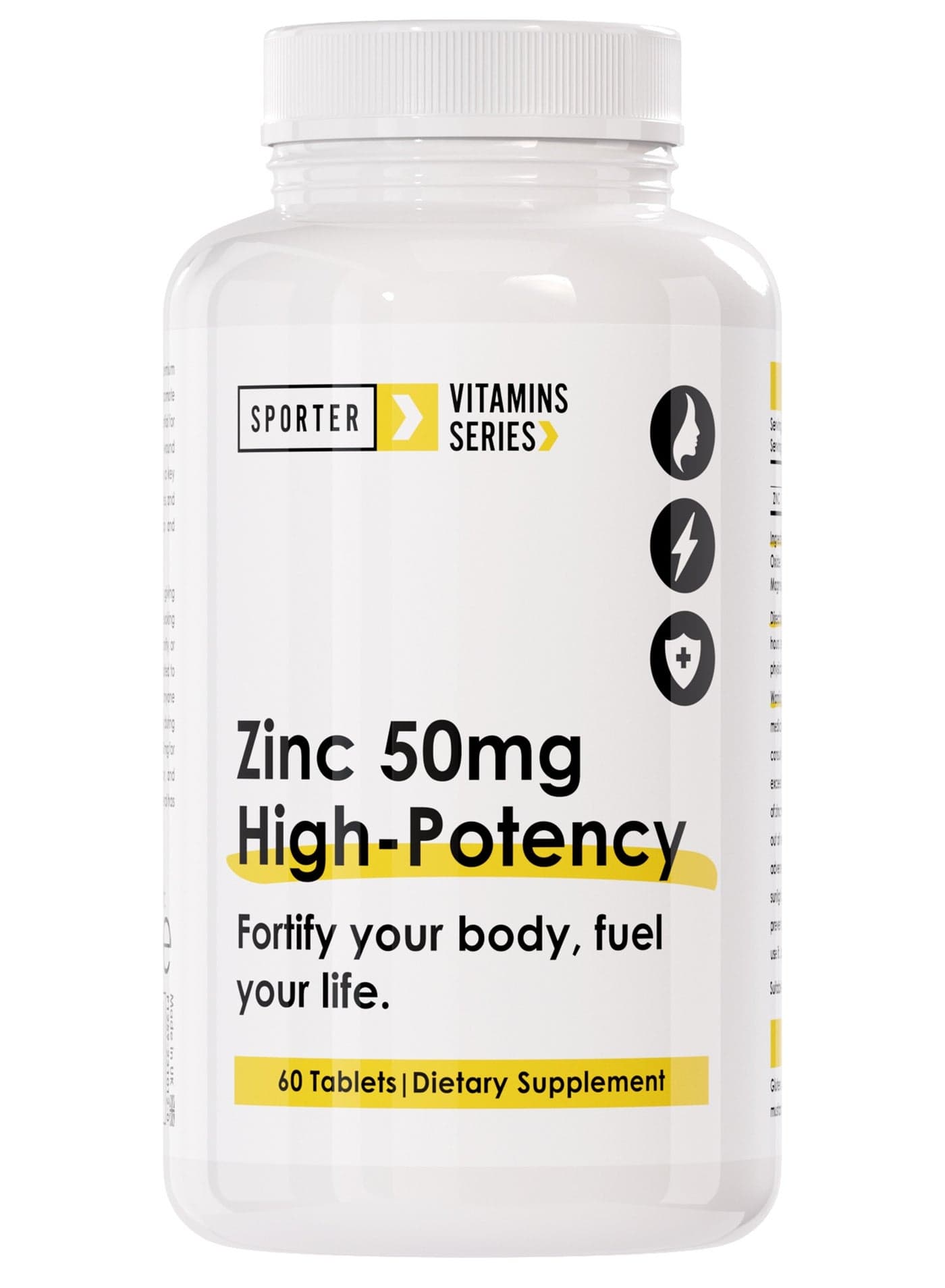 Sporter Zinc 50mg High-Potency – 60 Tablets | Immune System, Skin & Hormone Support | Vegan | Non-GMO | Gluten-Free | High Absorption Formula