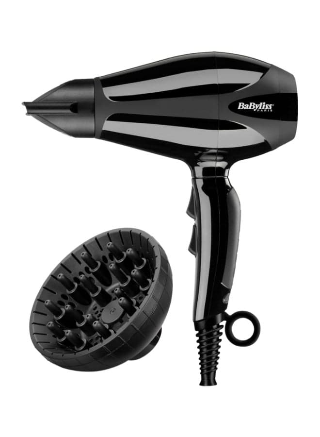 Compact Pro 2400 Hair Dryer AC | Italian Made For Quality & Long-lasting Performance | Ultra-slim Nozzle With Ionic Frizz Control Technology | Portable Dryer With Diffuser | 6715DSDE Black