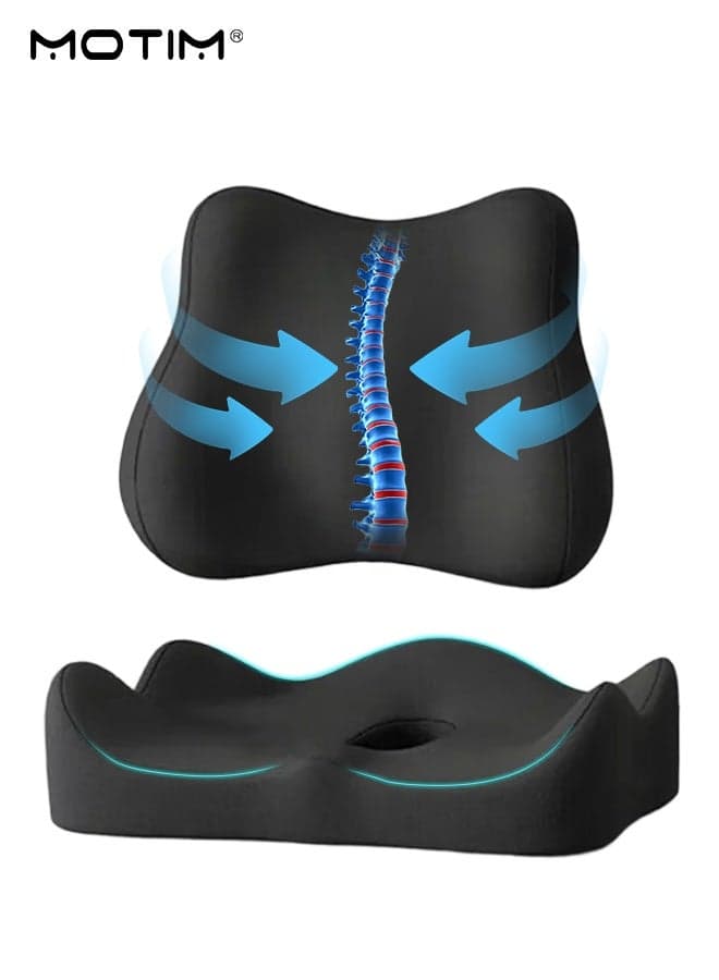 Car Lumbar Support Pillow & Seat Cushion Set for Office Chair Car Seat, Memory Foam Ergonomic Design Coccyx Cushion for Tailbone, Promotes Healthy Driving Posture and Relieves Back Pain
