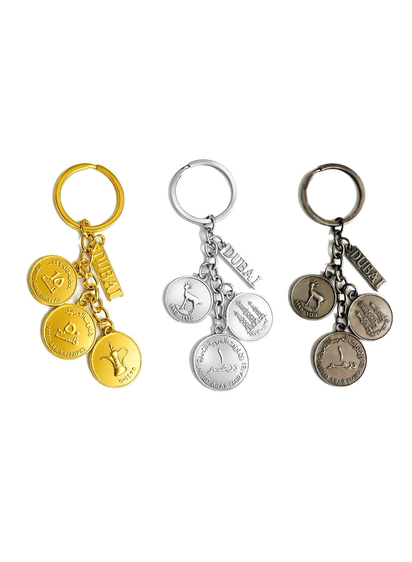 Premium UAE Coin Replica Metal Keychain set (3 pcs) featuring iconic UAE currency designs. A perfect Dubai/UAE souvenir, travel gift, and everyday accessory.
