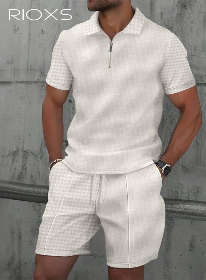 Men's Outfits Set, 2 Piece Casual Tracksuit, 1/4 Metal Zipper Polo Shirt And Shorts, Knit Short Sleeve T Shirt And Drawstring Shorts with Side Pockets, Fashion Set for Work or Daily Wear, Golf Course Outfits, Khaki Leisure Clothings for Men