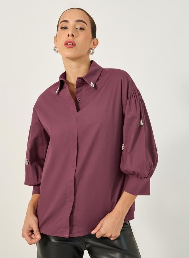 Embellished Spread Collar Balloon Sleeve Shirt