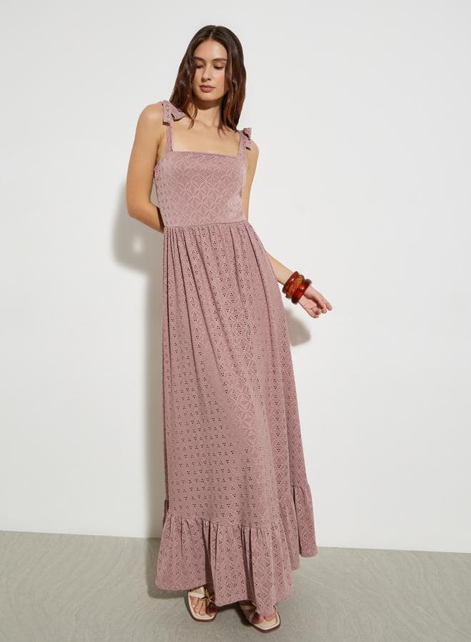 Pink Square Neck Eyelet Maxi Dress