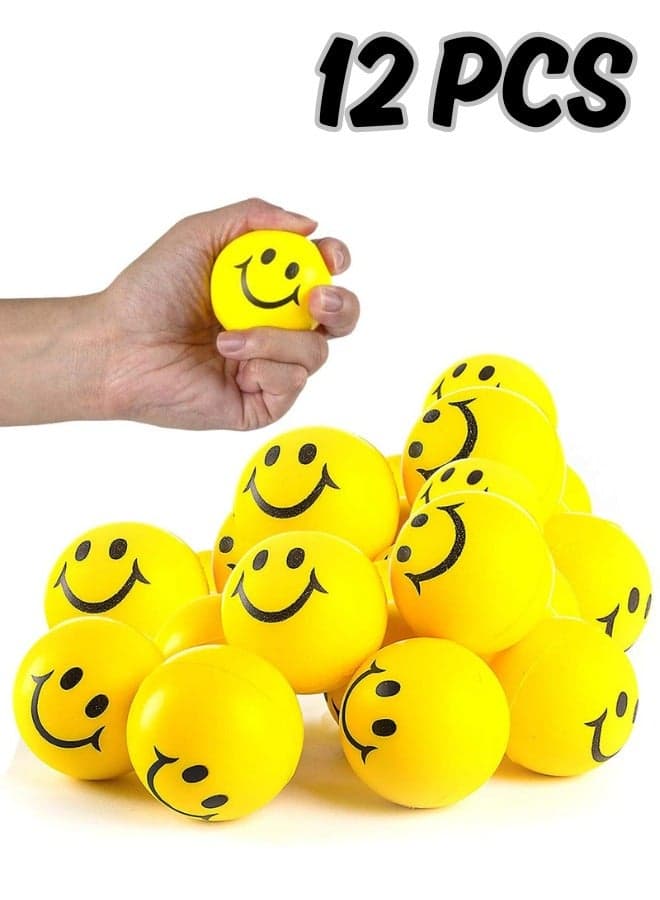 Smile Face Stress Balls for Kids and Adults - Pack of 12 - 2 Inch Spongy Squeeze Toys for Anxiety Relief - Fun Birthday Party Favors and Goodie Bag Fillers for Boys and Girls