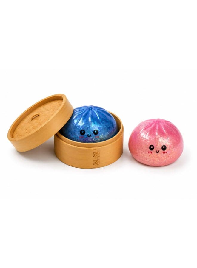 Single Piece Glitter Dumpling Squishy Toy with Bamboo-Style Container | Mystery Surprise Assorted Color Design | Slow Rising Squeeze Fidget Toy | Sensory Stress Relief Collectible , Age 3+