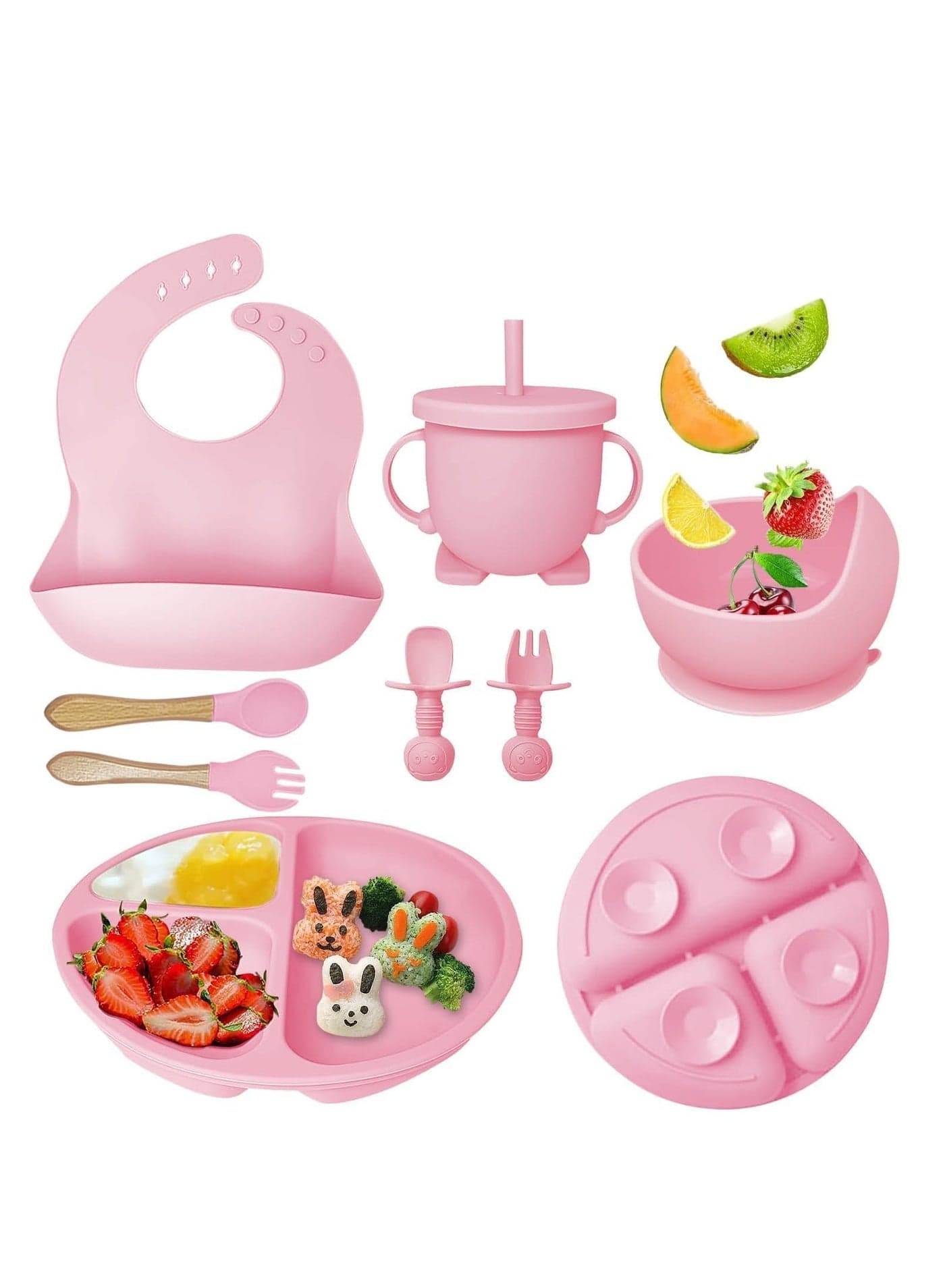 Baby Feeding Set Baby Led Weaning Supplies with Suction Bowl Divided Plate Toddler Self Feeding Dish Set with Spoons Forks Sippy Cup Adjustable Bib Eating Utensils Pink