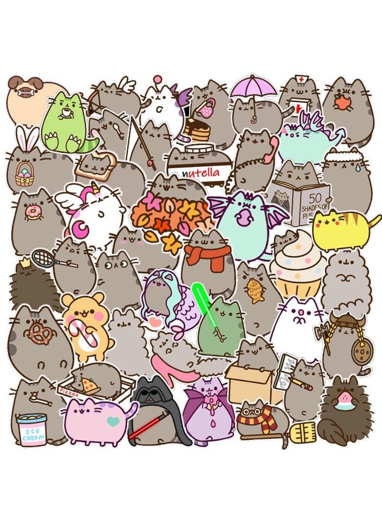50-Piece Pusheen Stickers for Kids Cute Cat Stickers for Journal Waterproof Graffiti Stickers