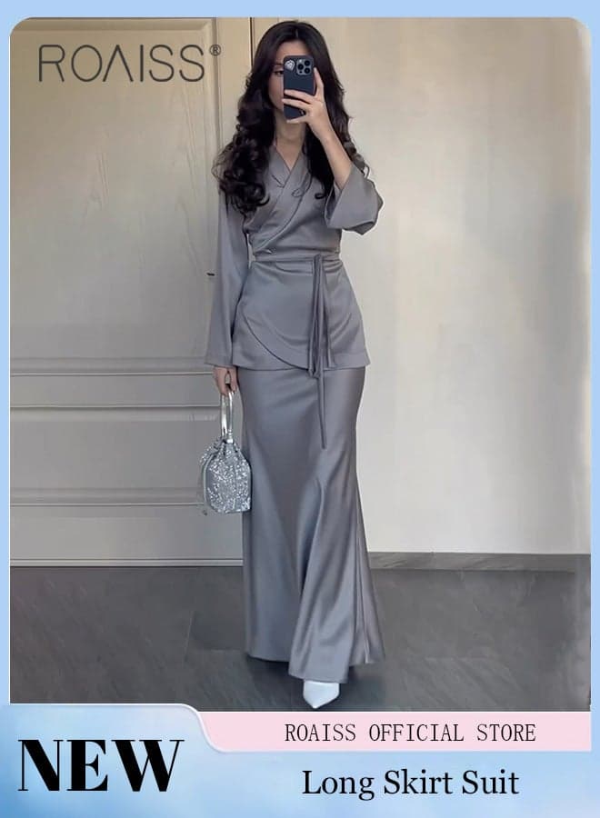 2Pcs Temperament Satin Long Skirt Suit for Women V Neck Waisted Trumpet Sleeve Top and Hip Wrap Long Skirt Ladies Advanced Solid Color Elegant Comfortable Skin-Friendly Slim Set