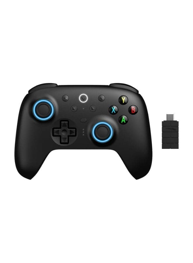 The 8BitDo Ultimate 2 wireless gamepad is compatible with Windows PC, Apple, Steam, and Android. It features TMR joysticks, Hall effect/haptic triggers, motion controls, an RGB fire ring, and a 1000Hz polling rate. It is available in black.