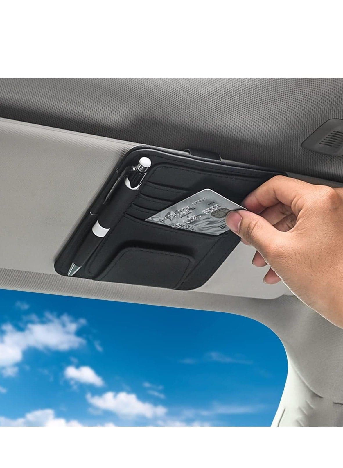 Car Sun Visor Organizer Car Sun Visor Storage Pouch Multi-Pocket Leather Organizer Bag Car Card Glasses Storage Clip Pen Holder Auto Interior Accessory Sunglass Holder for Car Black