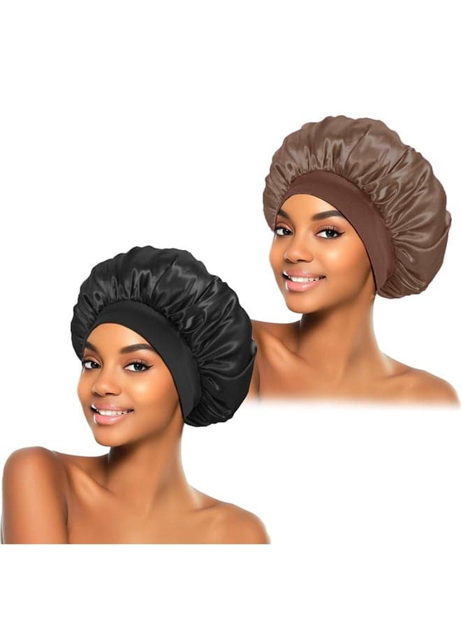 2Pcs Silk Bonnet for Sleeping, Satin Hair Bonnets, Soft Elastic Band Silk Sleep Cap, Hair Wrap for Women(Black&Brown)
