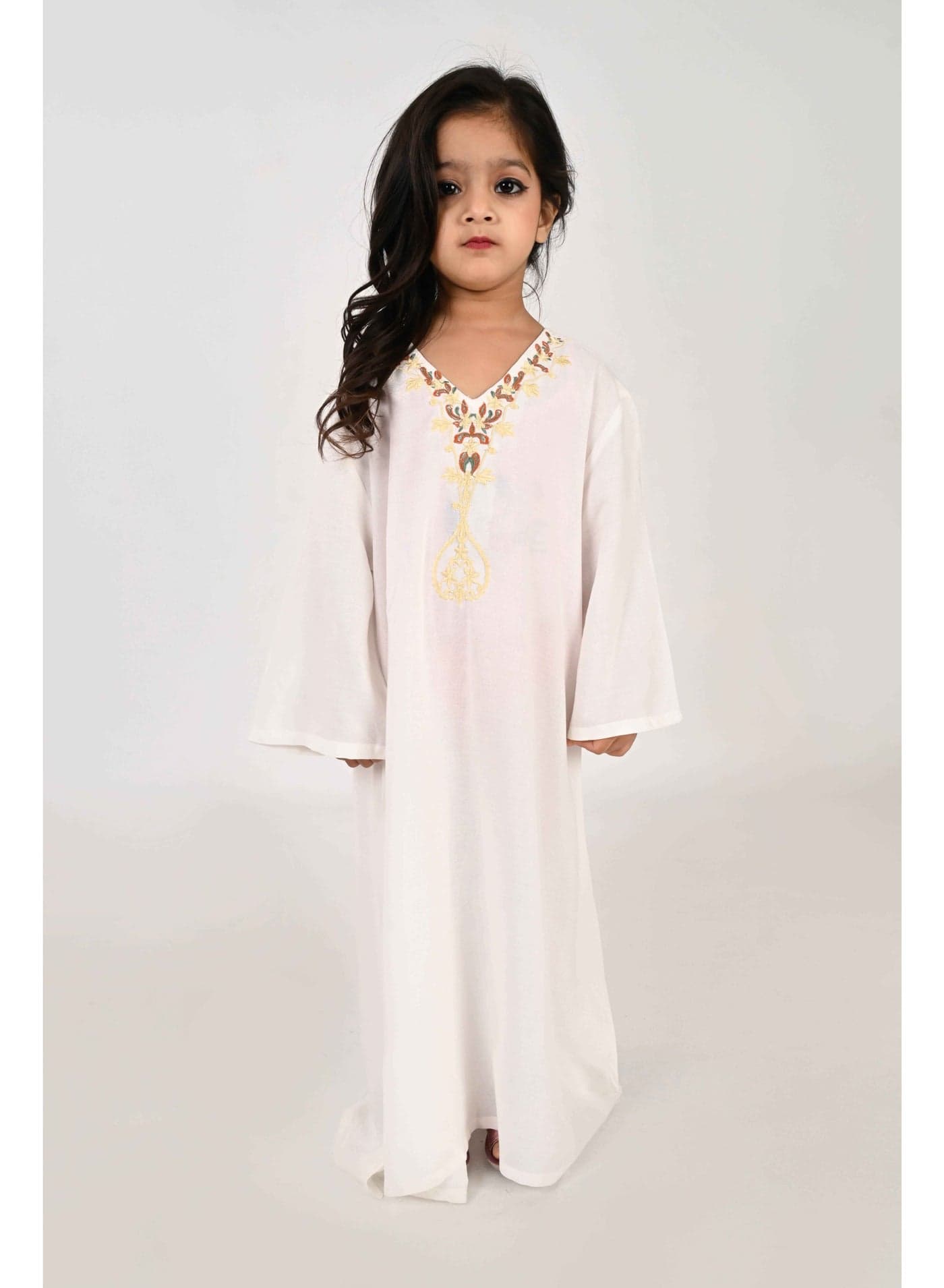 Linelle Kids Jalabiya – White Rayon Maxi with Full Loose Sleeves and Embroidery Detailing