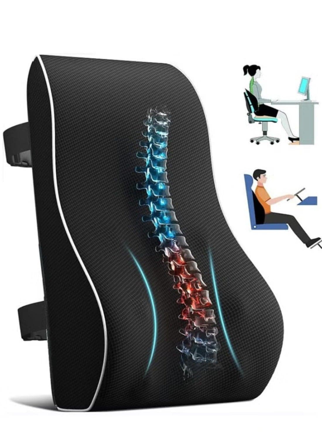 Ergonomic Lumbar Support Pillow for Office Chair & Car Seat - Memory Foam Back Cushion for Back Pain Relief, Improved Posture, Breathable Mesh Cover, Dual Adjustable Straps for Chair, Gaming Chair, Recliner, Black
