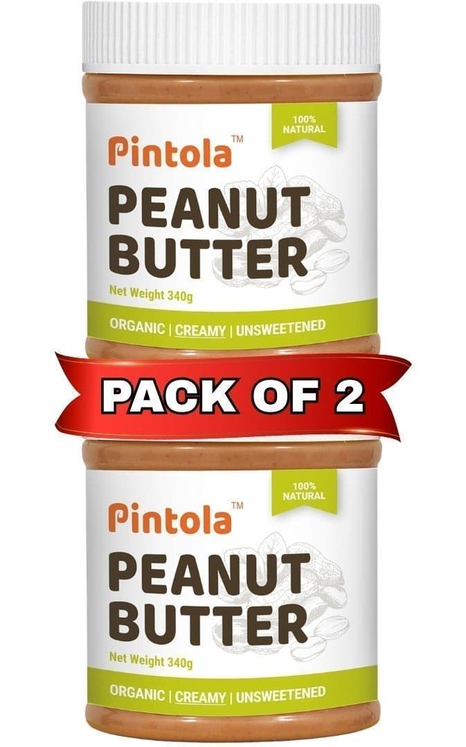 Organic Unsweetened Creamy Peanut Butter 340g (pack of 2), made with organic Peanuts, no added sugar, vegan, natural oil on top, mix well, achieve the creaminess.