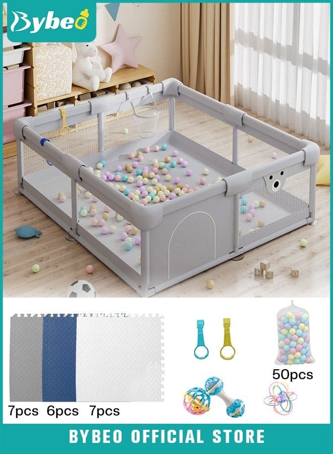 Baby Playpen Fence With Playmat, Infant Indoor And Outdoor Kids Activity Center With 50 Pieces Ocean Balls, 3 Toys, 120x150 cm