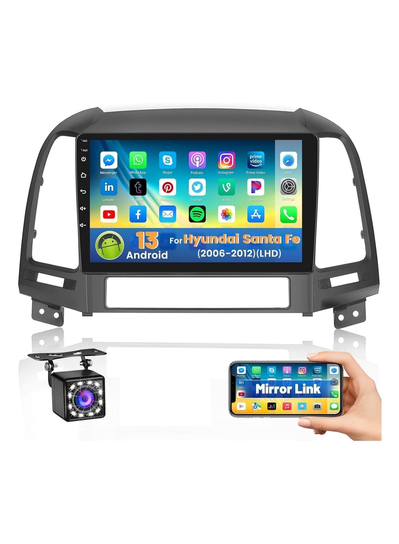 Android Car Stereo for Hyundai Santa Fe 2006 2007 2008 2009 2010 2011 2012 1GB RAM 32GB ROM 9 Inch MirrorLink WiFi BT, IPS Touch Screen with AHD Camera Included
