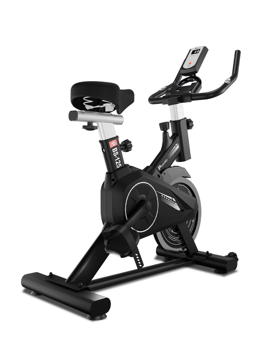 PowerMax Fitness BS-125 Spin Exercise Bike for Home use, 16mm 7Kg Flywheel, Max User Weight 130kg, LCD Display, 2pc Crank, Heart rate sensor, Knob braking, Adjustable foot strap and seat, iPad holder
