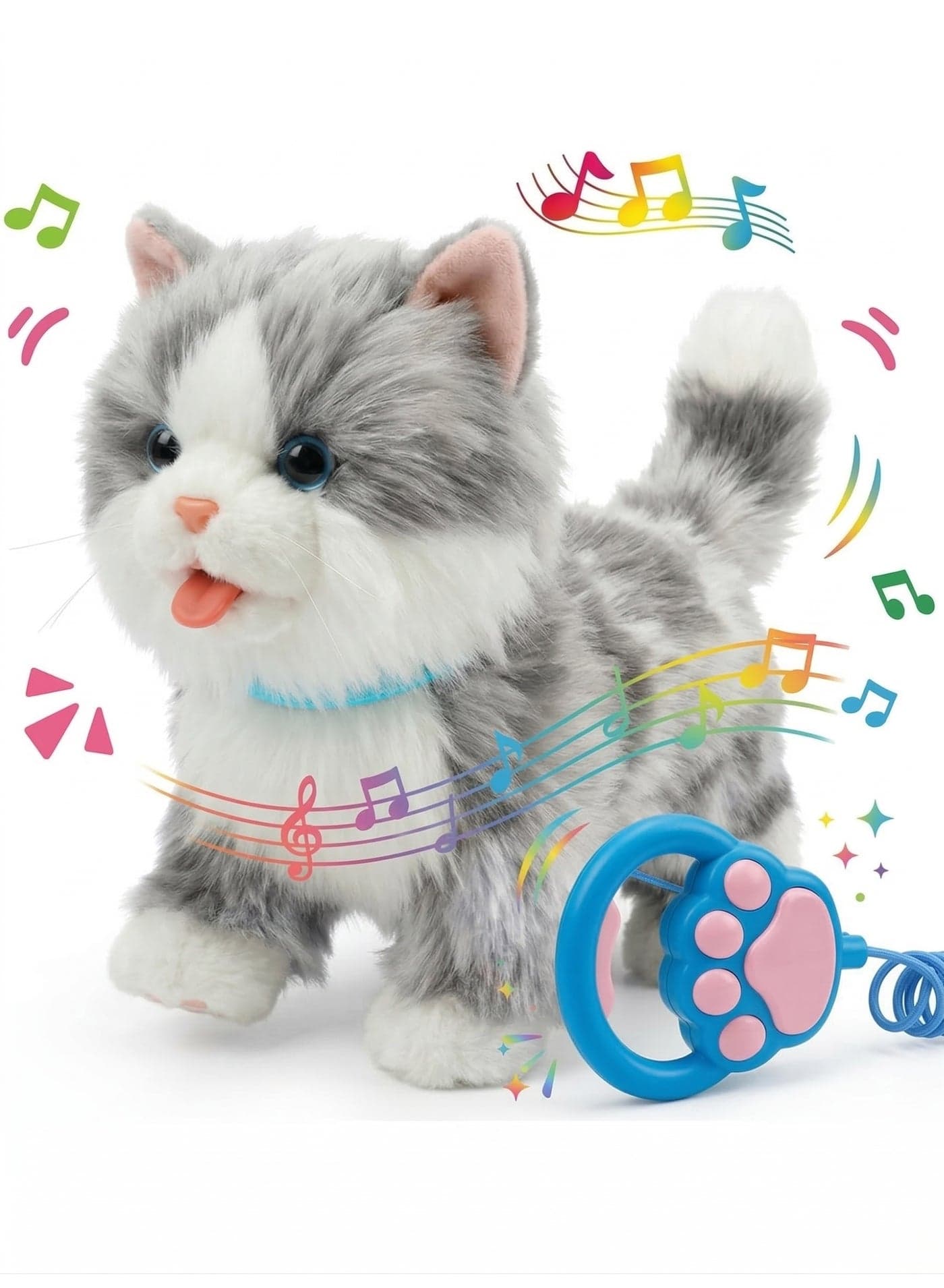 Walking & Singing Cat Toy for Kids – Remote Control Leash Electronic Pet Cat Kids Toy | Interactive Walking Plush Toy with Music & Sound | Battery Operated Robotic Cat for Boys & Girls | Pretend Pet Play Toy Gift for Birthday (Grey)