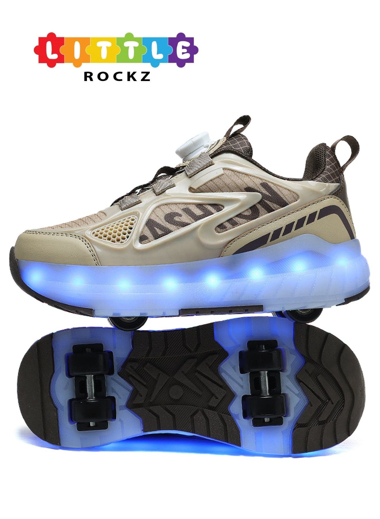 Kids Four Wheel Roller Shoes Rechargeable LED Flash Light Sneaker Skate Heelys Shoes Brown