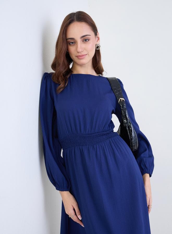 Navy Blue Midi Dress with Long Sleeves