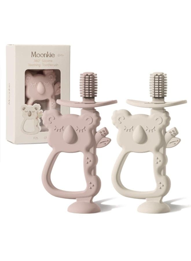 Moonkie Teething Toy Set of 2, Safe & Easy to Hold BPA Free Silicone Teethers, 360° Baby Toothbrush with Suction Base, Teether Toys Best for Babies 6-12 Months (Koala Blush/Shifting Sand)