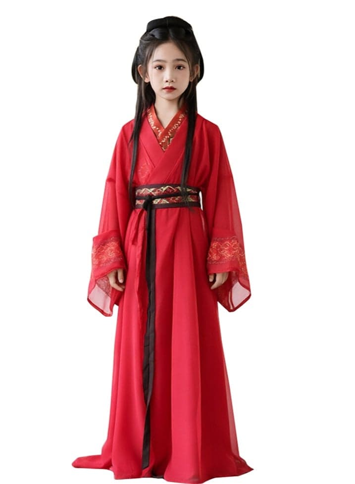 Girl's Hanfu Dress – Ancient Chinese Embroidered Red Robe, Spring Cross-Collar Performance Costume