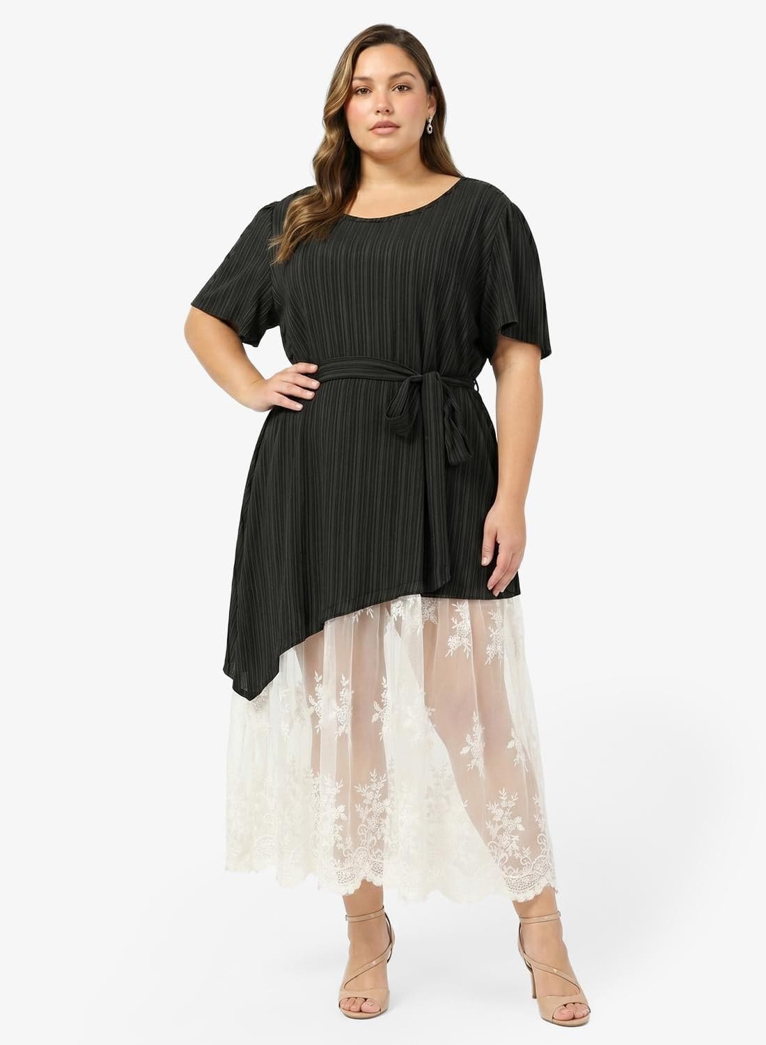 Assymetric Belted Dress with Lace Hem