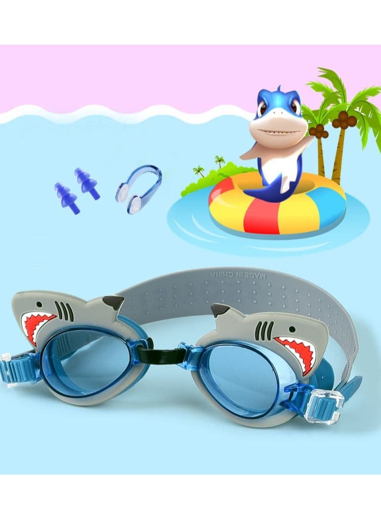 3 in 1 Anti-fog Set of Children's Cartoon Silicone Anime Swimming Glasses Swimming Pool Girls Swimming Training Diving Equipment Ear Plugs, Nose Clip, Effectively Block UV Ray (Grey)