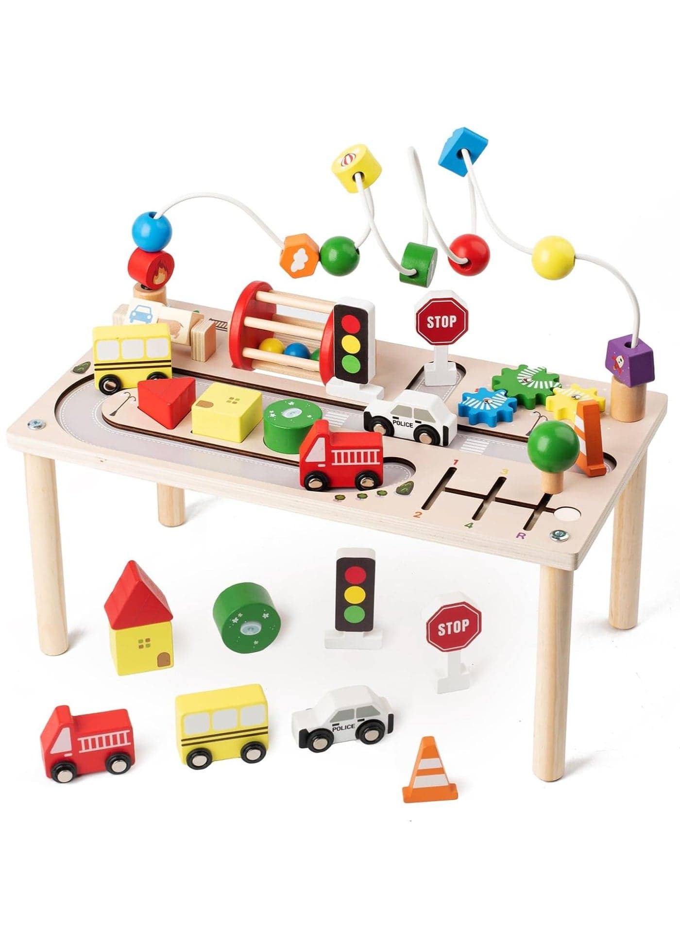 8 in 1 Activity Table, Wooden Montessori Toy with Bead Maze, Shape Sorter, Spining Gear, Block Puzzle and Cars, Toddlers Early Development Sensory Toy, Educational Toy for Boys Girls