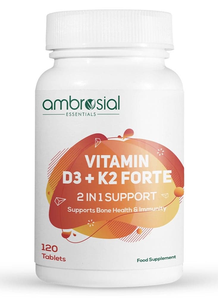Ambrosial Vitamin D3 K2 Forte | Vitamin D3 (600 IU) with MK-7 Vitamin K2 | High Absorption Daily Supplement | Plant-Based Formula | 120 Tablets