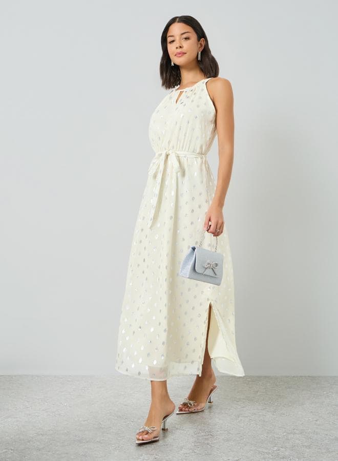 Off-White Foil Print Maxi Dress with Tie-Belt