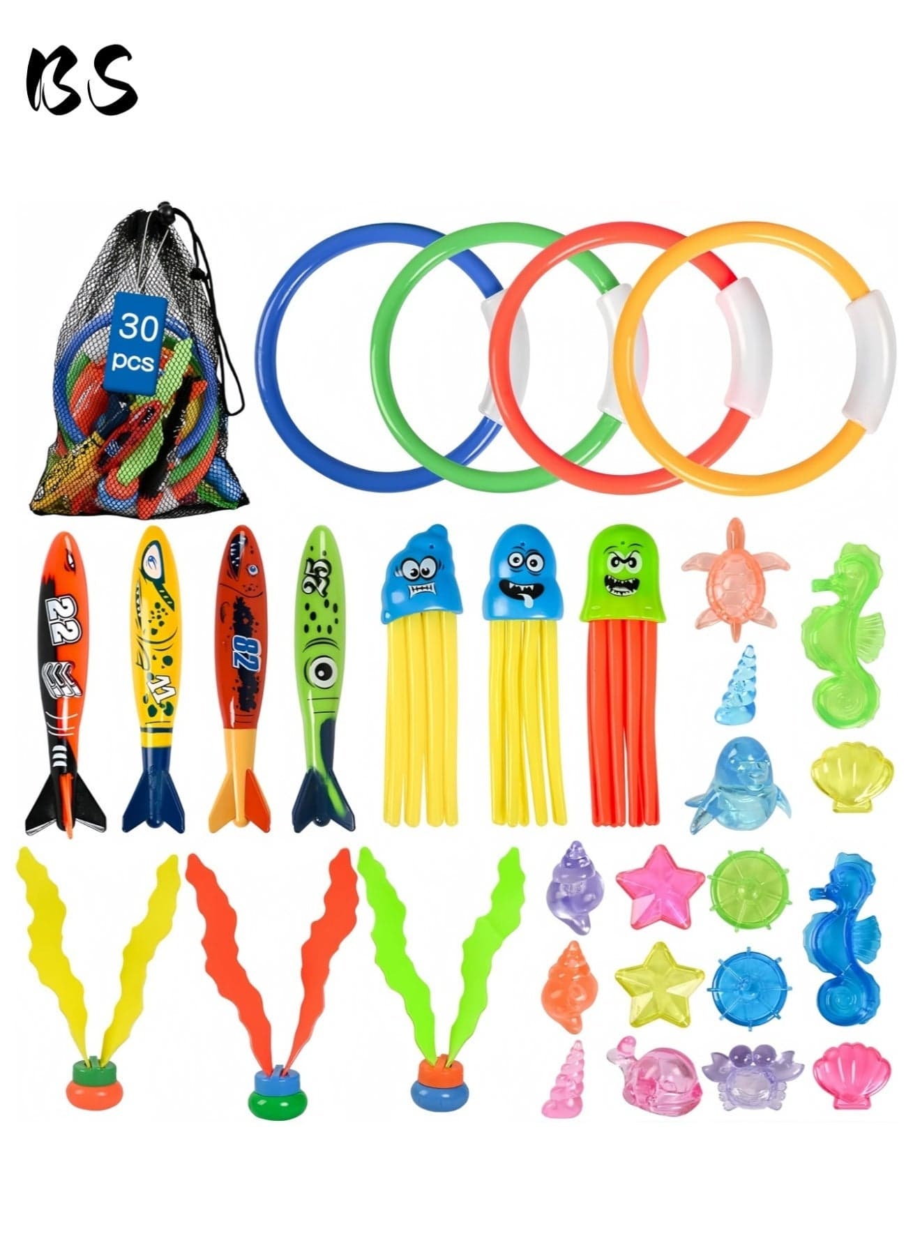 30 Pcs Diving Pool Toys for Kids | with Diving seaweed,Diving gems, Dive Rings, Torpedo Bandits | with Storage Mesh Bag | Summer Pool Party | Swimming Training Toys