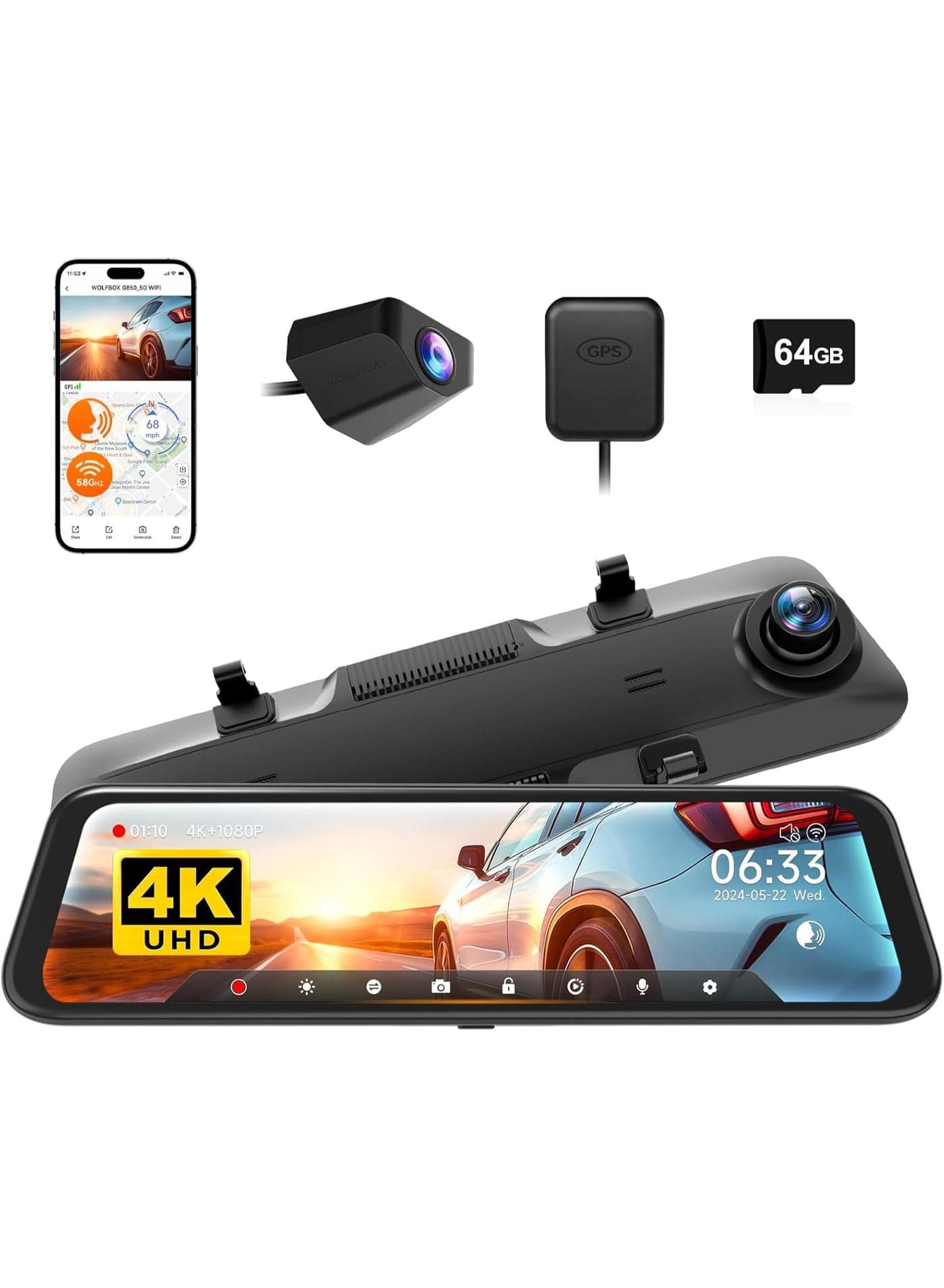 WOLFBOX G850 12" 4K Rear View Mirror Camera with 5.8GHz WiFi and Voice Control, Smart Mirror Dash Cam Front and Rear, Backup Camera with 1080P Rear Camera, Dash Cam with WDR, Includes 64GB Card & GPS