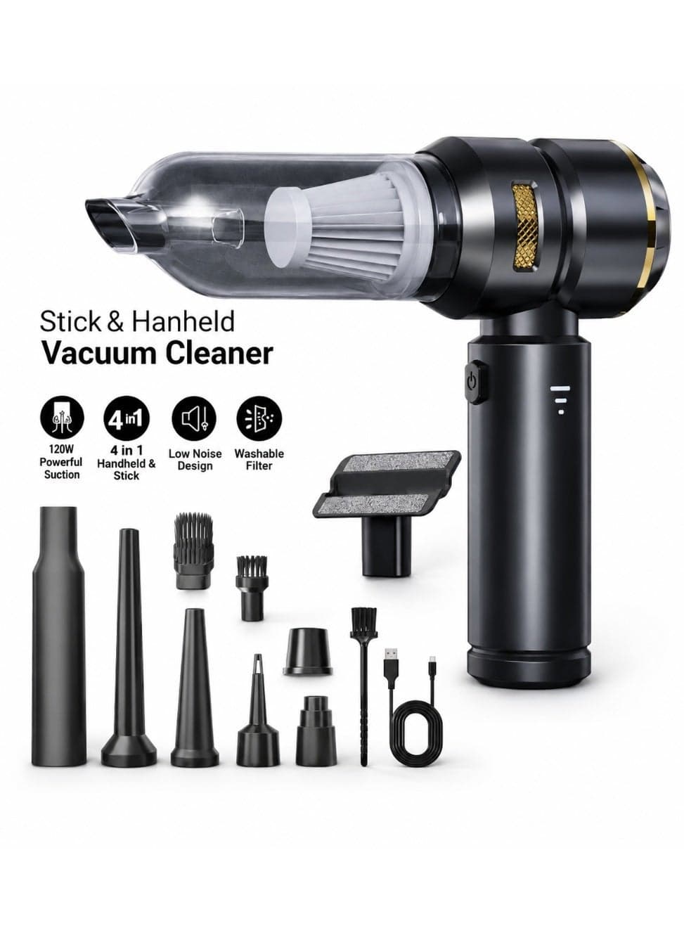 2-in-1 Handheld Vacuum & Electric Air Duster, Cordless Car Vacuum Cleaner Rechargeable, Portable Mini Vacuum Cleaner for Car, 16000PA 3-Speed Suction, USB-C Charging, Blower for Car, Keyboard, PC & Home, Black