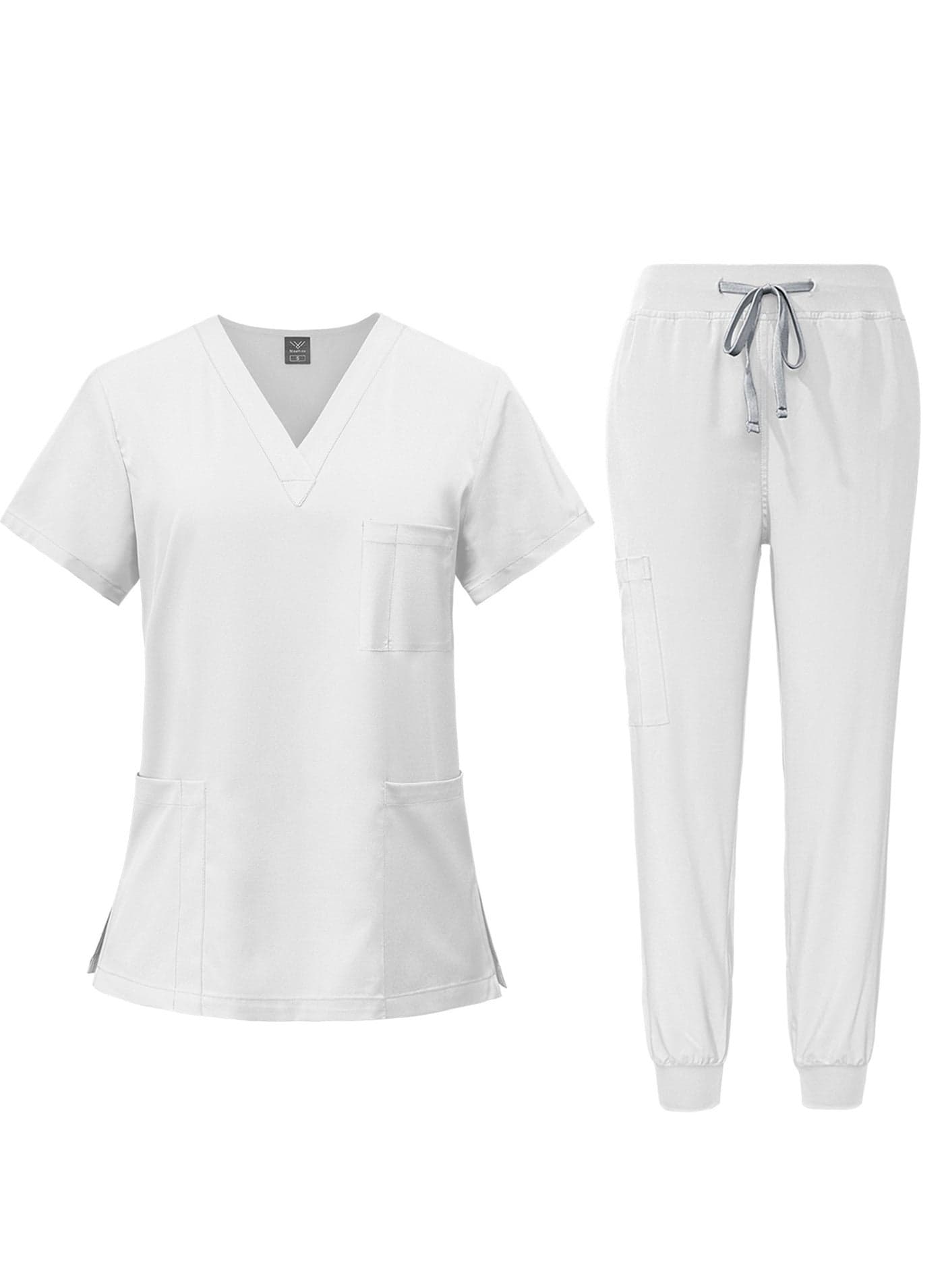 Men Women's Medical Scrubs Set V-neck Top & Tapered Leg Jogger Pants with Drawstring Medical Nurse Uniform for Hospital Scrub Suit Uniforms for Summer (White)
