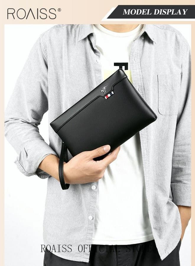 Men's Business Large Capacity Super Slim Anti-Theft Clutch Bag Textured Leather Minimalist Large Wallet with Wristband Zipper Checkbook Card Case Gift for Men Multi-layer Waterproof Black
