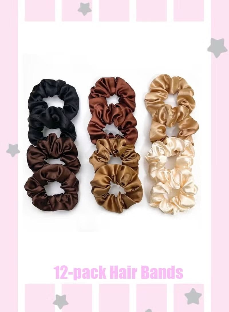 12 Pcs Satin Hair Scrunchies, Soft & Comfortable Satin Scrunchy, Hair Ties Bows Ropes, Elastics Ponytail Holders for Women Girls Hair Accessories(Earthy Shades)